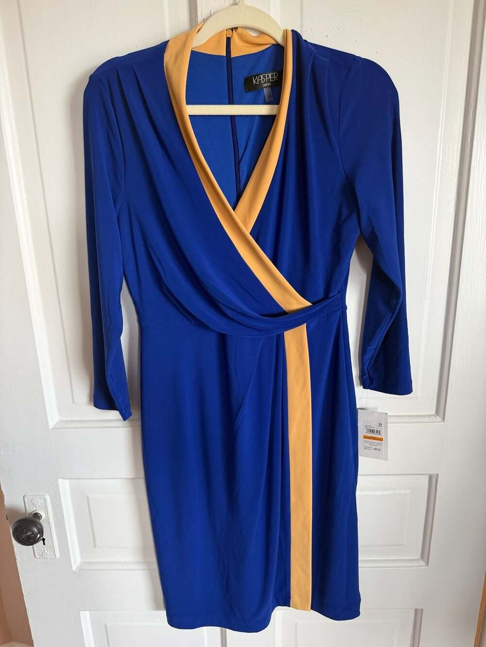 Kasper Colorblocked Faux-Wrap Sheath Dress Size S Royal Blue Gold